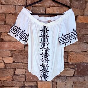 Como Vintage Large Off The Shoulder Embroidered Top White Blue Boho Peasant